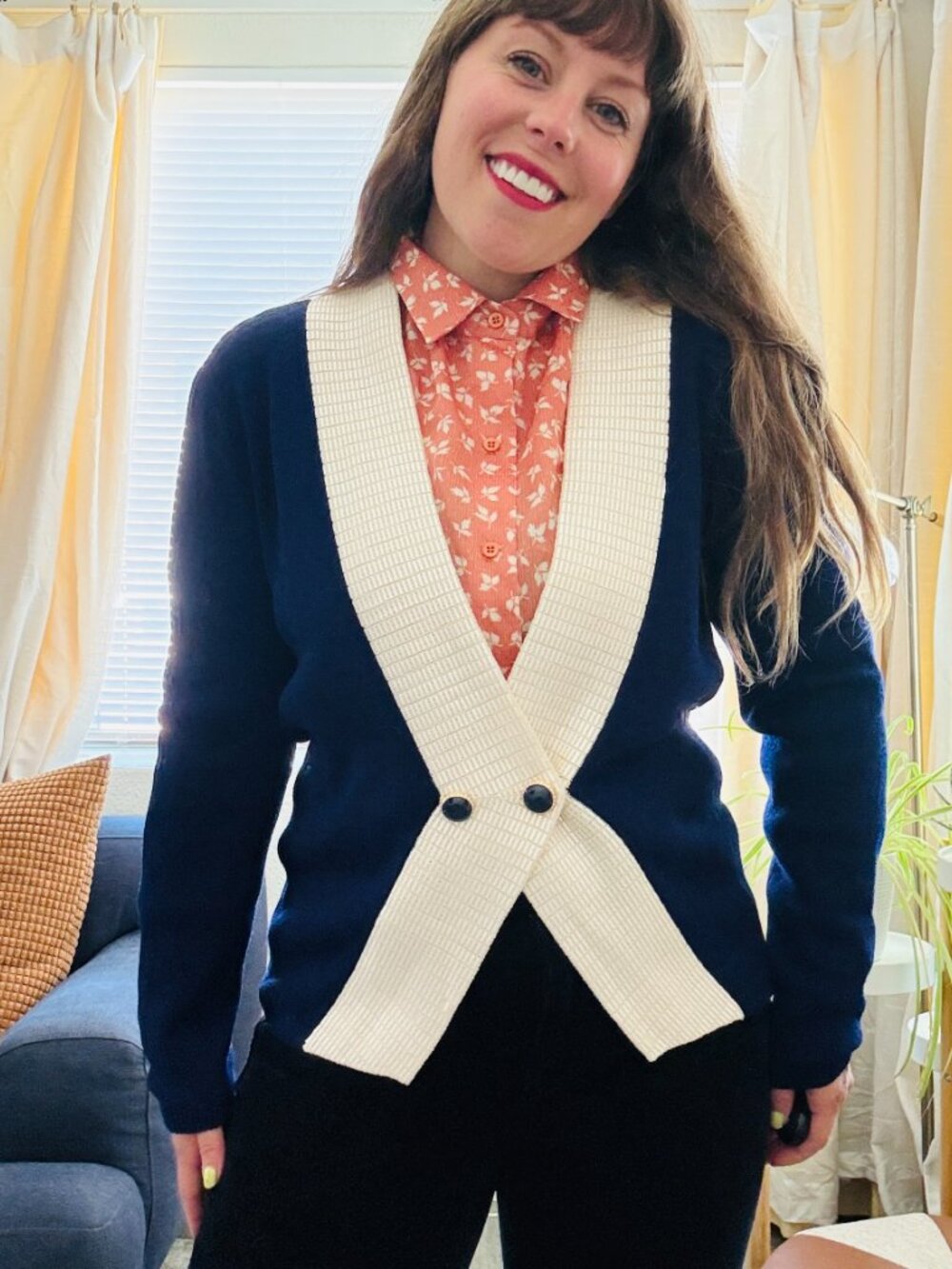 Vintage 80s St. John by Marie Grey Navy White Embellished Cardigan Sweater | LG